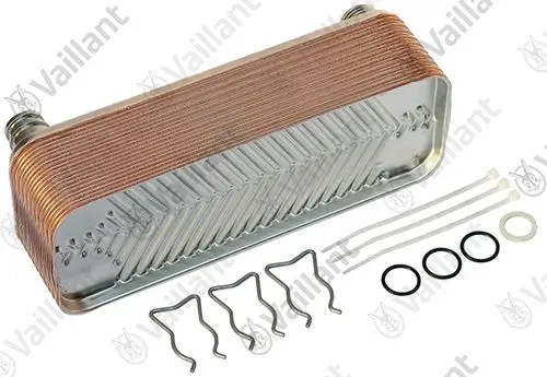 Vaillant Wärmetauscher mit mehreren Platten in metallischer Ausführung, begleitet von Befestigungselementen und Dichtungen.